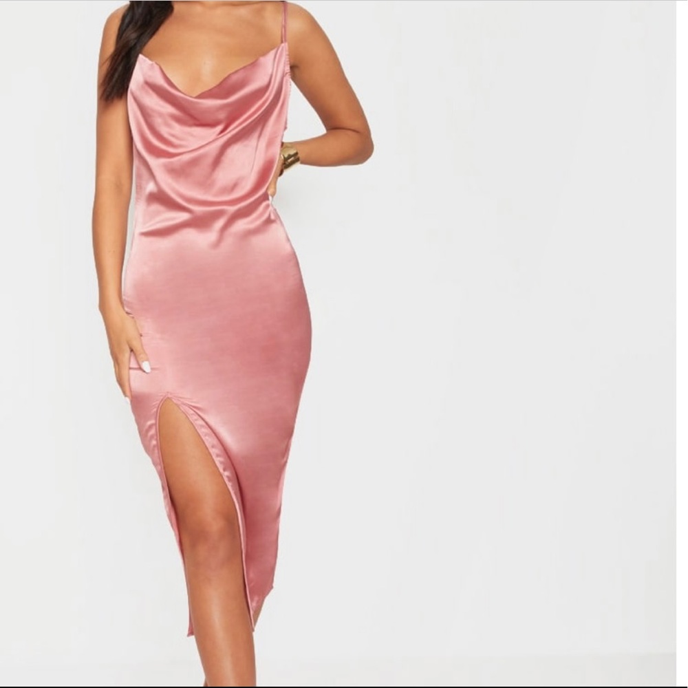 Rose strappy satin cowl midi dress